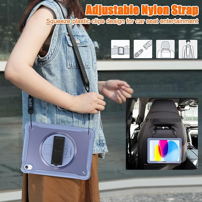 Case for iPad (A16) 11th/10th Generation 2025/2022 11/10.9 inch Rugged Shockproof Protective Cover with Screen Protector 360° Rotating Hand Strap&ampStand Pencil Holder Purple