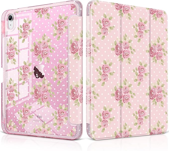 MEEgoodo Case for iPad A16 11th Generation 2025/10th Generation 2022 Glitter Tablet Cases with Transparent Acrylic Back+Trifold Stand +Pencil Holder+Auto Wake/SleepVintage Chic Floral