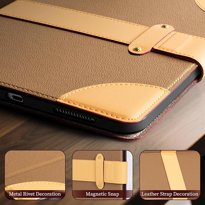 Case for iPad A16 11th Gen 11 InchiPad 10th Gen. 10.9 InchLeather Folio Cover with Auto Wake/Sleep Adjustable StandMagnetic Buckle Closure Protection Case-Single Strap Yellow Brown