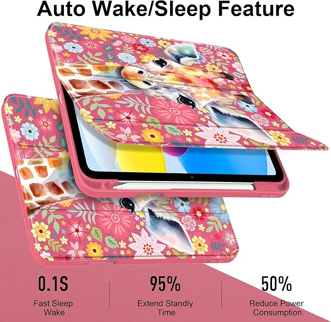 Case for iPad (A16) 11th Generation 11 inch 2025 /iPad 10th Gen 10.9 2022- Cute Patterns Hot Pink Cover with Clear Back Shell Auto Wake Sleep Trifold Stand &amp Pencil Holder Giraffe