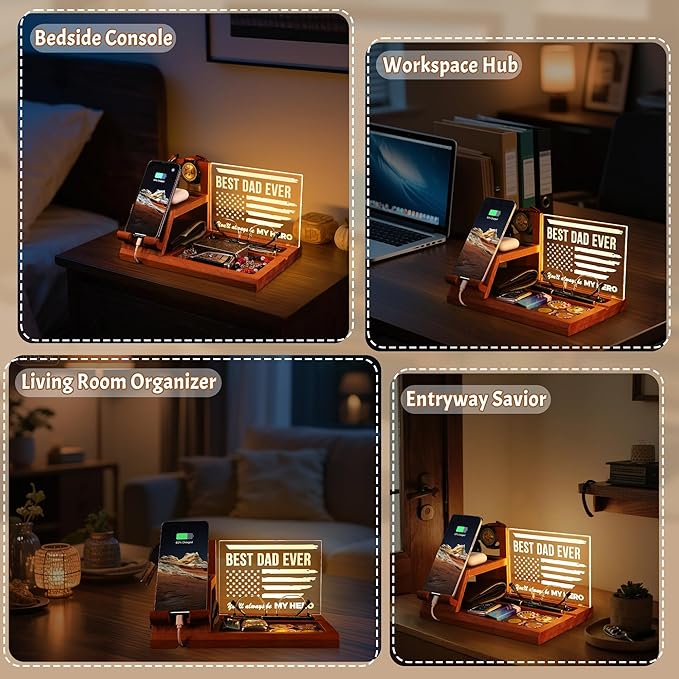 Attivolife Gifts for Dad Men Husband LED Phone Docking Station Desk Organizer Cell Phone Stand with Night Light Best Dad Ever Gift for Father's Day Key Holder Stand for Wallet Watch Essentials