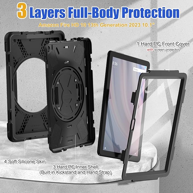 BRAECNstock for Amazon Fire HD 10 Tablet Case (13th Generation 2023) 10.1 Shockproof Protective Kids Case with Screen Protector [Rotating Hand Strap+Stand] Pen HolderShoulder Strap Black