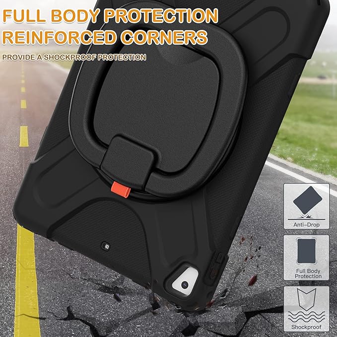 BRAECN Kids Case for 9.7” iPad 6th/5th Generation/iPad Pro 9.7 Inch/iPad Air 2 Shockproof Silicone Case with Rotatable Grip Shoulder Strap Pencil Holder Stable Kickstand for iPad 9.7 Inch-Black