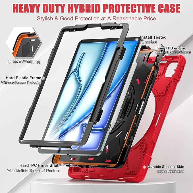 for iPad Air 13-inch M2 (2024) A2898/A2899 for iPad Pro 12.9 Rugged Case Portable Heavy Duty Shock-Proof Armor Cover with Swivel Kickstand/Hand Grip Shoulder Strap Pencil Holder (Red)