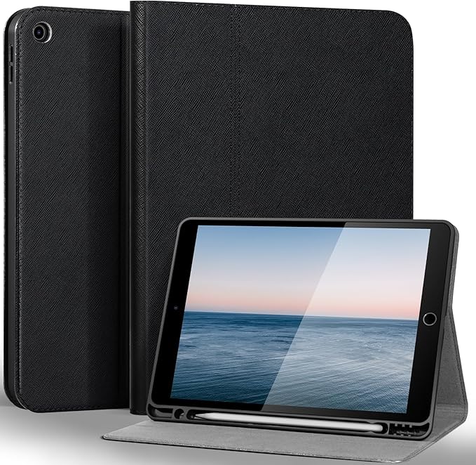 Gexmil Leather Case for iPad 10.2 Inch 9th/8th/7th Gen 2021/2020/2019Premium Cowhide Folio Cover with Pencil Holder Auto Wake/SleepAdjustable Stand Anti FingerprintPalm-Print Black