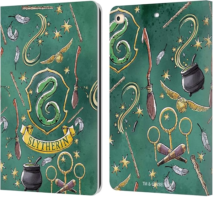 Head Case Designs Officially Licensed Harry Potter Slytherin Pattern Deathly Hallows XIII Leather Wallet Case Compatible with Apple iPad 9.7 2017 / iPad 9.7 2018