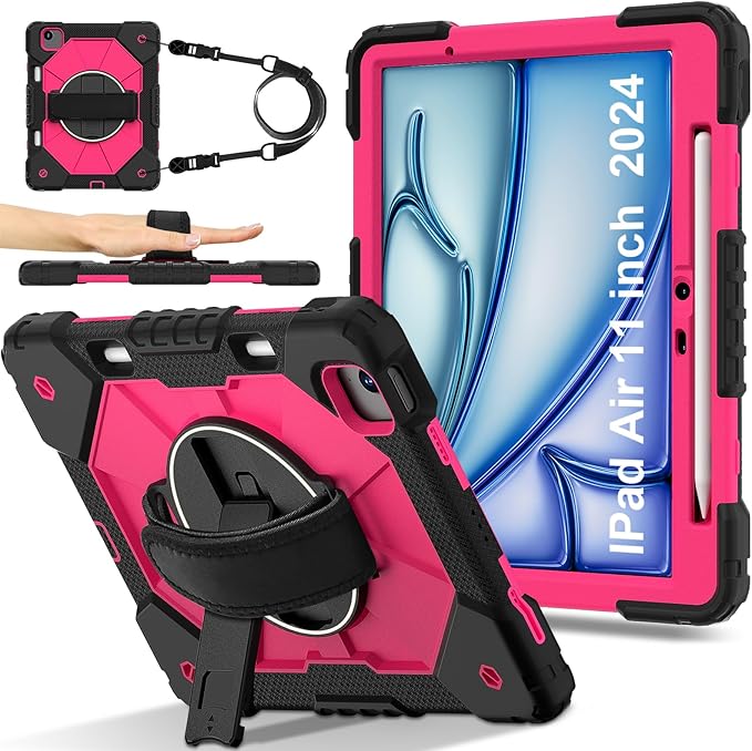Tablet case for iPad Air 11 inch M2 2024 Tablet case for iPad Air 6th Generation(A2902 A2903 A2904) Hand Strap Shockproof Protective with 360° Rotate Kickstand Shoulder Black/Rose Red