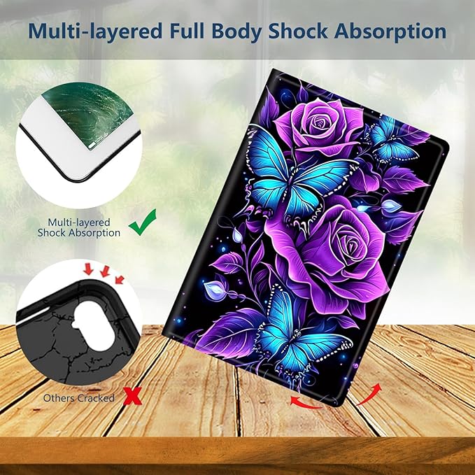 Slim Case for Samsung Galaxy Tab A9+ / A9 Plus 11 2023 (SM-X210/X216/X218) Lightweight PU Leather Multi-Angle Viewing Smart Stand Shell Cover with Auto Wake/Sleep Purple Rose Butterfly