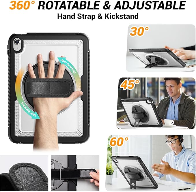 Compatible for iPad A16 Case for iPad 11th/10th Generation Case 11/10.9 Inch 2025/2022 Drop Protection with Screen Protector | 360° Rotate Hand Strap | Stand | Shoulder Strap Clear