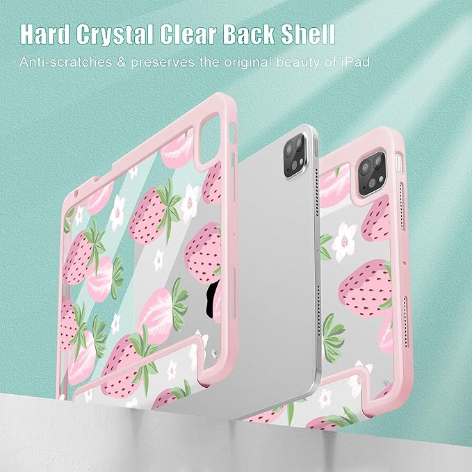 May Chen for iPad Pro 11 inch M2 4th Generation 2022 iPad Pro 11 3rd/2nd/1st Gen Built-in Pencil Holder with Shockproof Cover Clear Transparent Back Shell Auto Wake/Sleep Strawberries