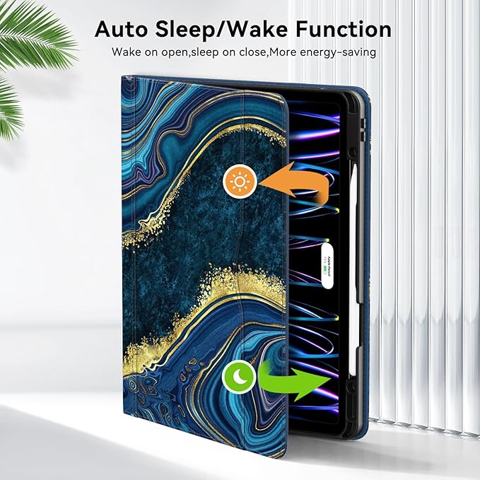 Case for New iPad Pro 12.9 inch 6th/5th/4th/3rd Generation 2022/2021/2020/2018 12.9'' ipad Pro Leather Protective Cover 6/5/4/3 Gen with Pencil Holder Auto Wake/Sleep Marble Ocean Blue