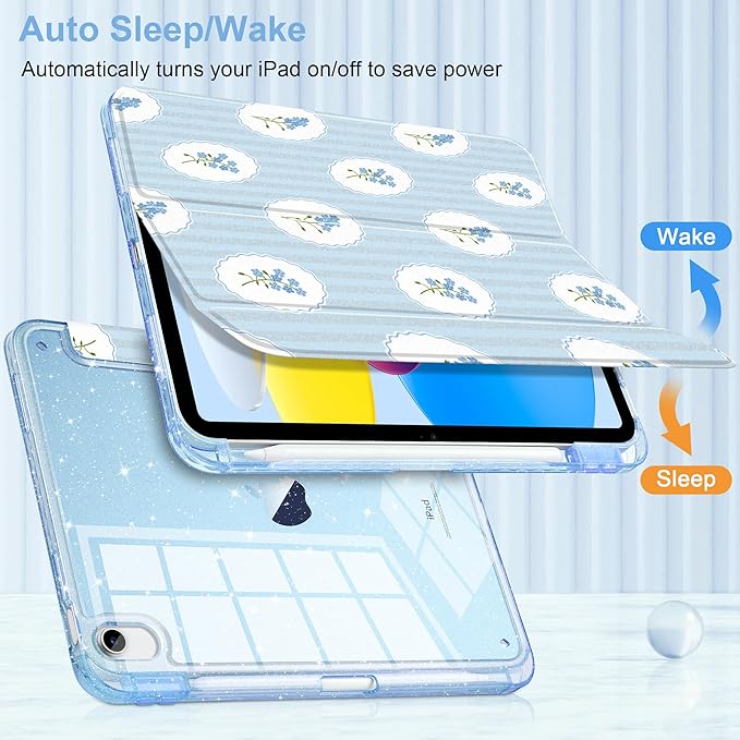 MEEgoodo Case for iPad A16 11th Generation 2025/10th Generation 2022 Glitter Tablet Cases with Transparent Acrylic Back+Trifold Stand +Pencil Holder+Auto Wake/SleepCoquette Trellis Floral
