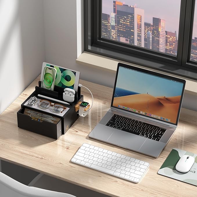 Pezin &amp Hulin Bamboo Charging Station for Multi Device with Power Charger &amp Cables Nightstand Docking Station with Lined Tray &amp Drawer Compatible with Tablet Cell Phones-Black