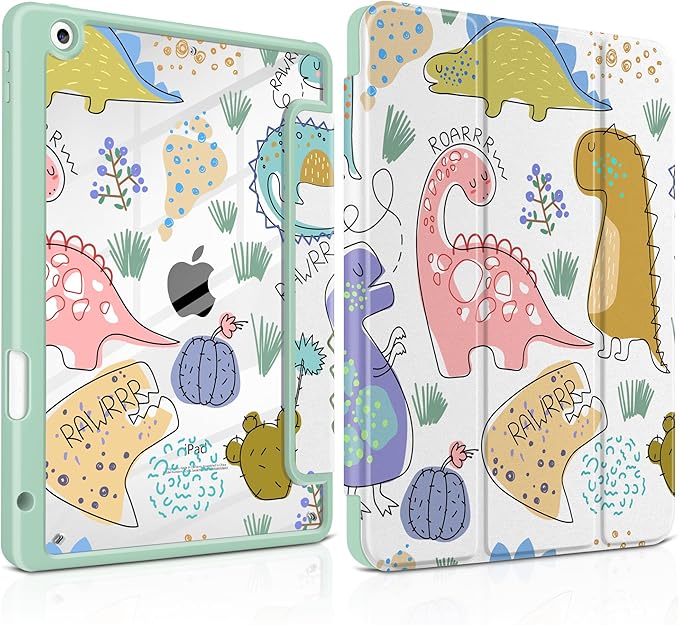MEEgoodo Case for iPad 10.2 inchTablet Cases for iPad 9th Generation 2021/8th Gen 2020/7th Gen 2019 with Clear Acrylic Back Shell+Pencil Holder+Auto Wake/Sleep+Trifold Stand Funny Kids Dinosaurs