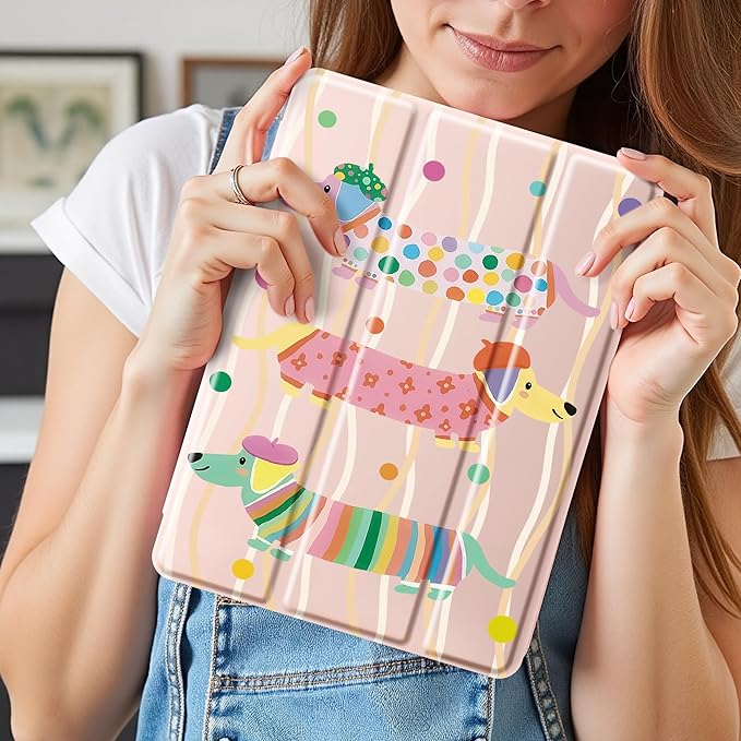 Idocolors Case for iPad 11 inch (A16 Chip) 2025 Generation 11th / iPad 10.9 inch 2022 10th Gen Built-in Pencil Holder with Soft TPU Shockproof Back Shell Auto Wake/Sleep Dachshund-Pink