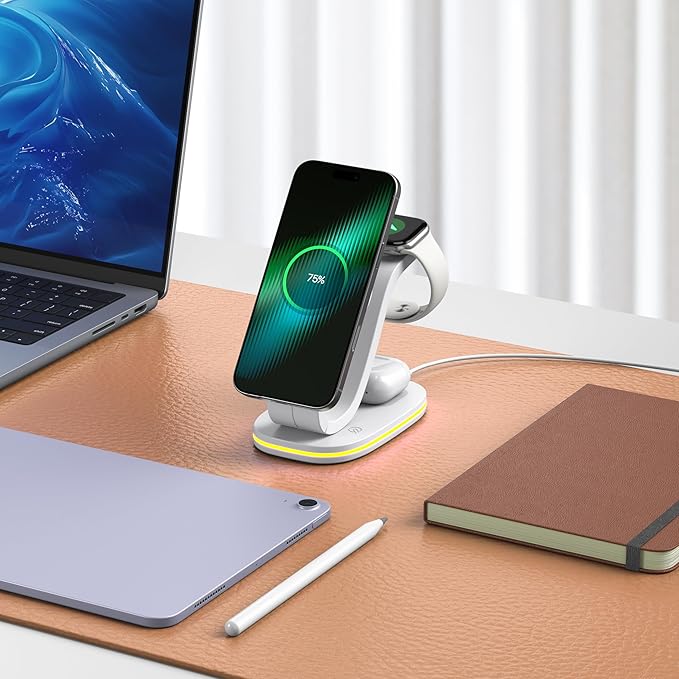 4-in-1 Wireless Charging Station Qi2 15W Charger Station for iPhone 17/16/15/14/13/12 Series Watch Airpods 1-8/Ultra iPad AirPods (White 4 in 1)