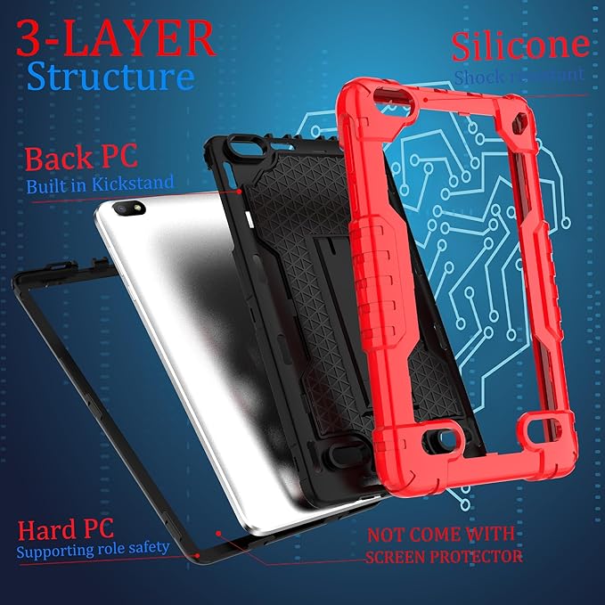 Case for BLU M8L 2022BLU M8L Plus 8 inch Tablet - [Built-in Kickstand] Anti Slip Kids Friendly Shockproof Silicone Protective Cover with Screen Protector (Red/Black/1 PC)