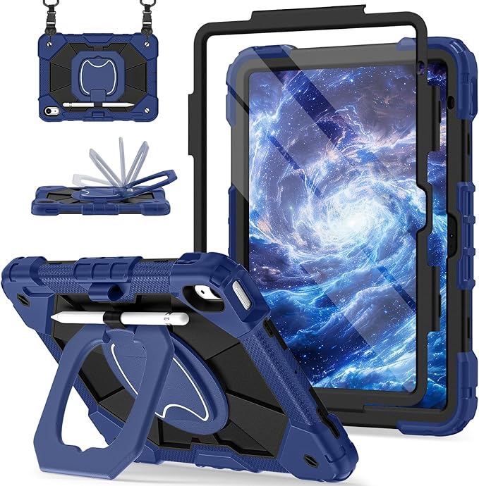 Case for iPad (A16) 11th Generation 11 Inch (2025) / iPad 10th Generation Case 10.9 Inch (2022) with 360° Rotating Stand Screen Protector Pen Holder Shoulder Strap Navy Black