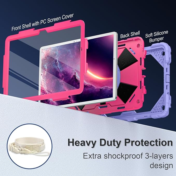 for Galaxy Tab A11+ Plus/A9+ Case 11” Rugged Case for Samsung Galaxy A11 Plus/ A9 Plus Tablet with 360 Rotating Stand Screen Protector Shoulder Strap Pen Holder 2025/2023 Model Purple Pink