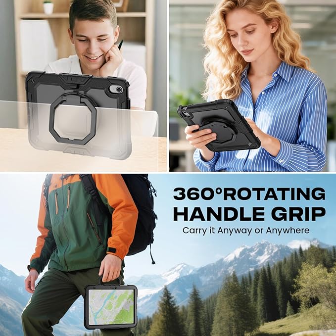 SEYMAC stock Shockproof Tablet Case for iPad (A16) 11th/10th Generation 11''/10.9'' Full-Body Drop Protection Case with Pencil Holder &amp [360 Ring Handle Stand] Screen Protector (Black)