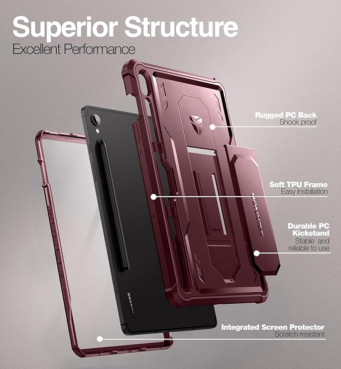 Dexnor Case for Samsung Galaxy Tab S9 11 Inch 2023 [Built in Screen Protector &amp Kickstand] with Pen Holder Heavy Duty Shockproof Full Body Protective Cover for Galaxy Tab S9 Case-Red