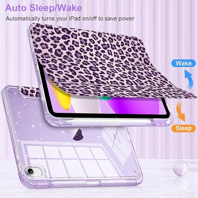 TWOLSKOO Sparkly Case for iPad Pro 11 inch (M5 2025 / M4 2024) Glitter Hard Acrylic Back with Pencil Holder Slim Trifold Stand Folio Cover Auto Sleep/Wake Purple Leopard