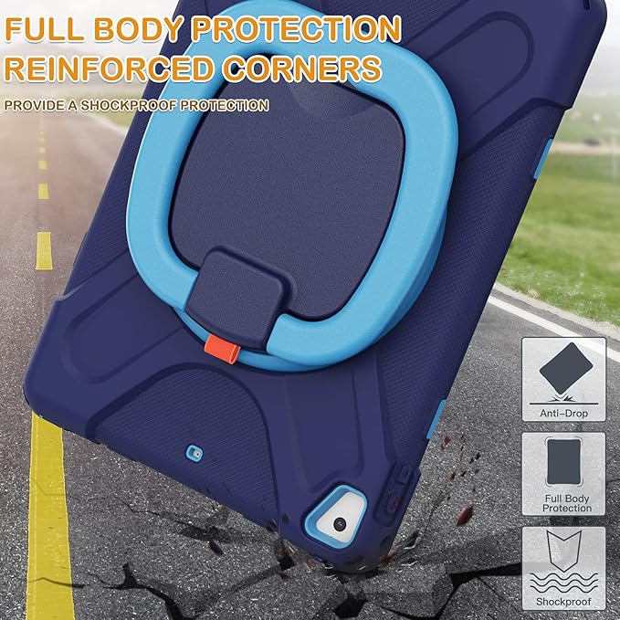 BRAECN Silicone Case for iPad 9.7 Inch 6th/5th Generation iPad Pro 9.7 iPad Air 2 Triple Protected Rugged Cover with Stable Kickstand/Hand Grip/Pencil Holder/Shoulder Strap for Kids-Navy+Blue