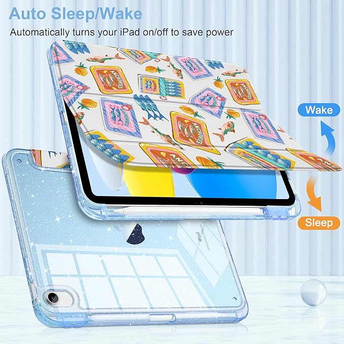 MEEgoodo Case for iPad A16 11th Generation 2025/10th Generation 2022 Glitter Tablet Cases with Transparent Acrylic Back+Trifold Stand +Pencil Holder+Auto Wake/SleepColorful Sardines Fish