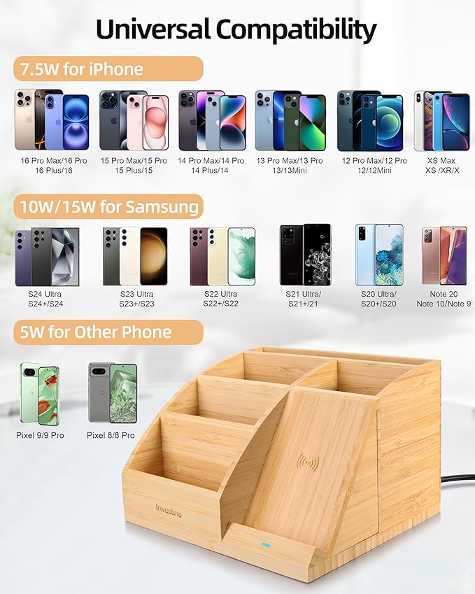 Bamboo Pen Holder with Wireless Charger Desk Organizer with 5 Compartments for Home Office Supplies Compatible with iPhone &amp Samsung Series