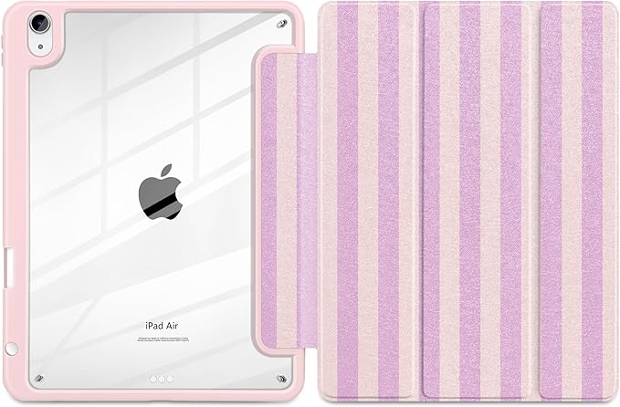 DONGKE Case for iPad Air 11-inch M4 2026 &amp M3 2025 &amp M2 2024 iPad Air 5th/4th Generation 10.9 2022/2020 [Built-in Pencil Holder] Clear Acrylic Back Trifold Stand Smart Cover Pink Stripes