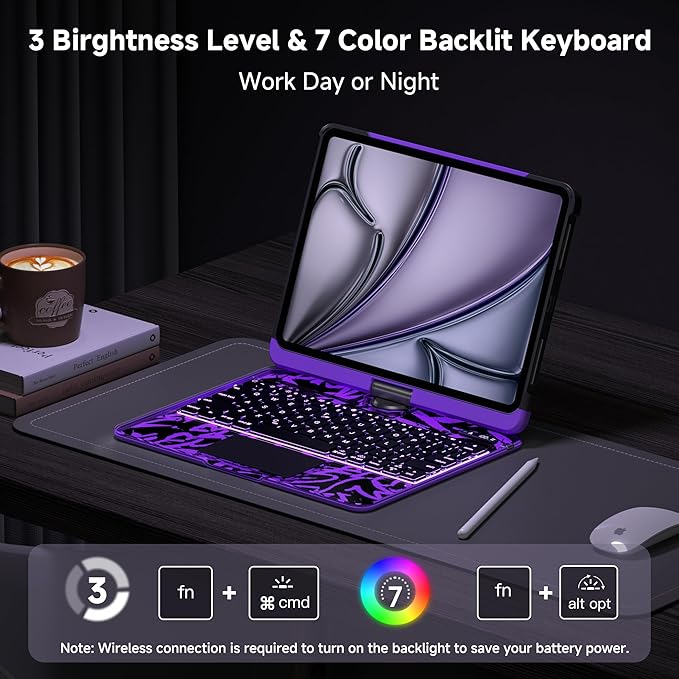 Transparent Keyboard Case for iPad Air 13 Inch (M3 2025/M2 2024) &amp iPad Pro 12.9 (6th/5th/4th/3rd Gen) - Multi-Touch Trackpad 360° Rotating Stand 7-Color Backlit Pencil Holder Purple