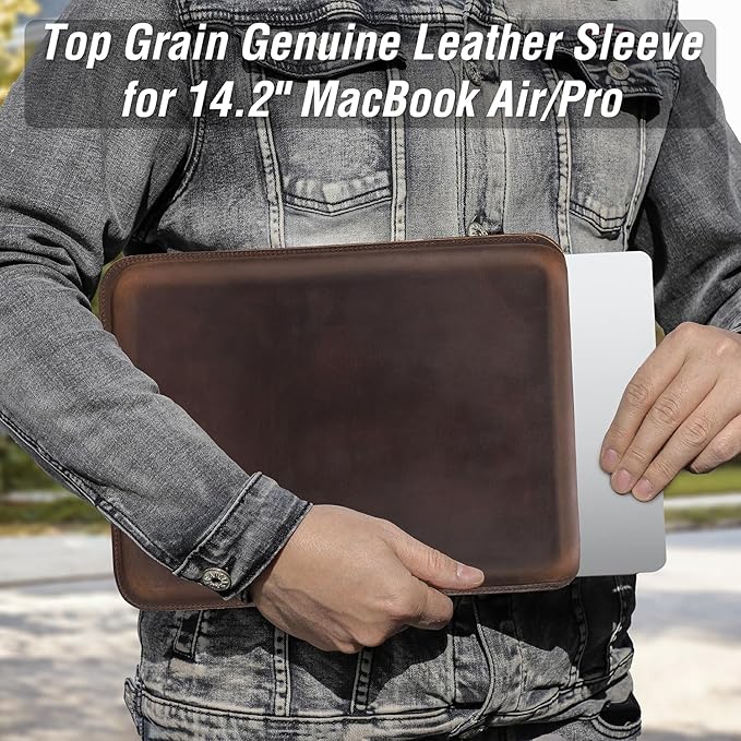 Top Grain Leather 14.2 PC Sleeve Case Vintage Fit Design Handmade Compatible with MacBook Pro 14 2021 M1 A2442 &amp Old Versioned 13-13.3 Inch MacBook Pro/Air Coffee 14.2 Inch