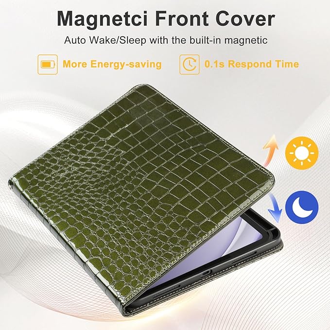 Elegant Case for Samsung Galaxy Tab A9 Plus 11 Inch 2023（Model: SM-X210/X216/X218） Premium Leather Crocodile Cover | Stand | Card Pockets| Wrist Strap| S Pen Holder (Dark Green)