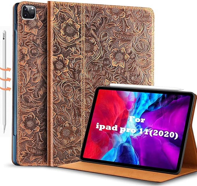 Gexmil Genuine Leather Case for iPad pro 11 Inch 2022/2021 4th/3rd Gen iPad Pro 11 2020/2018 Cover 2nd/1st Gen. CoverReal Leather Cowhide ShockproofFloral Pattern