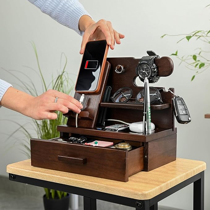 TESLYAR Wood Phone Docking Station with Drawer - Nightstand Organizer - Desk Organizer for Husband - Birthday Gifts for Men Dad Anniversary Key Holder Stand Watch Accessories (Chocolate Brown)