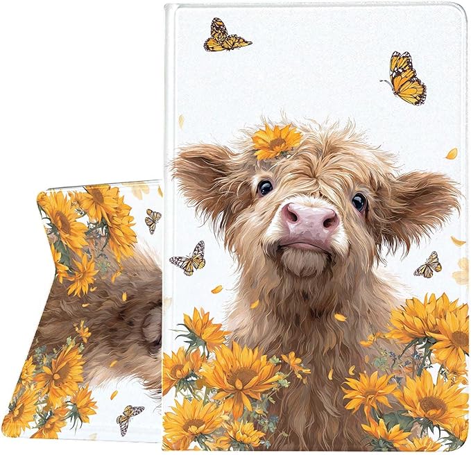 Case for Samsung Galaxy Tab A11 / Tab A9 8.7-Inch 2025/2023Slim Protective LeatherAuto Wake/SleepAdjustable Viewing Angle Stand.Highland Cow Butterfly Flower