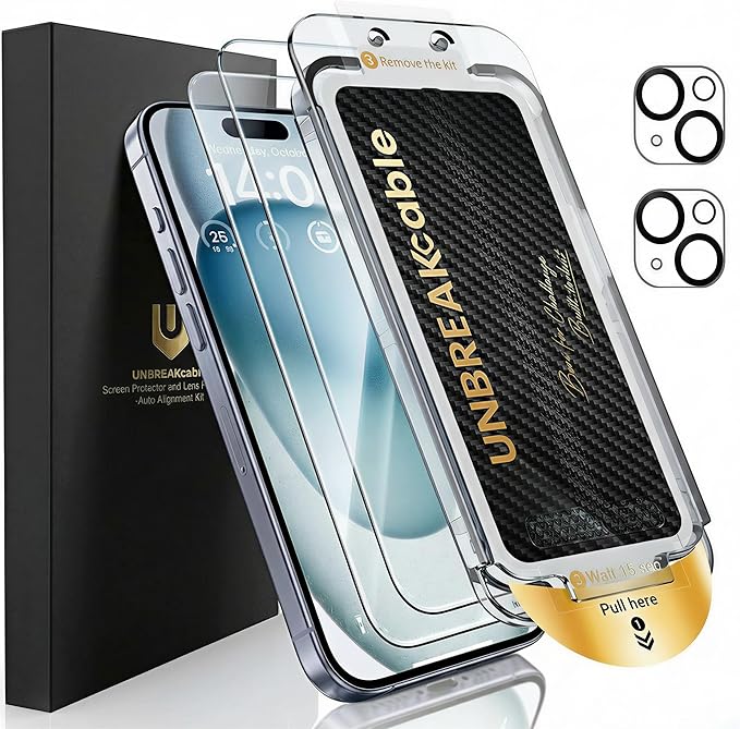 UNBREAKcable 2+2 Pack for iPhone 15 Screen Protector &amp Lens Protector [Military-Grade] [99% HD Clear] [Easy Install] 9H+ Shatterproof Tempered GlassBubble-Free &amp Anti-FingerprintCase Friendl