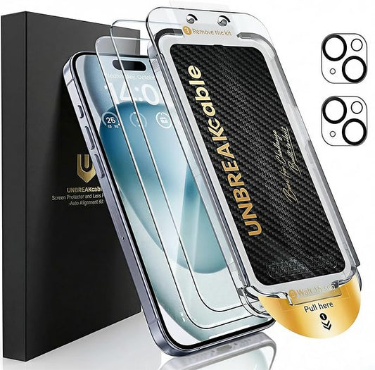 UNBREAKcable 2+2 Pack for iPhone 15 Screen Protector &amp Lens Protector [Military-Grade] [99% HD Clear] [Easy Install] 9H+ Shatterproof Tempered GlassBubble-Free &amp Anti-FingerprintCase Friendl