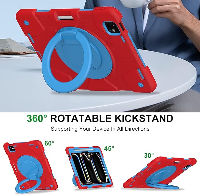 Case for iPad Pro 11 Inch M4 2024/M5 2025 Case Heavy Duty Shockproof Cover with Screen Protector/360° Rotate Stand/Shoulder Strap/Pencil Holde (Red+Blue iPad Pro M4/M5 11 inch)
