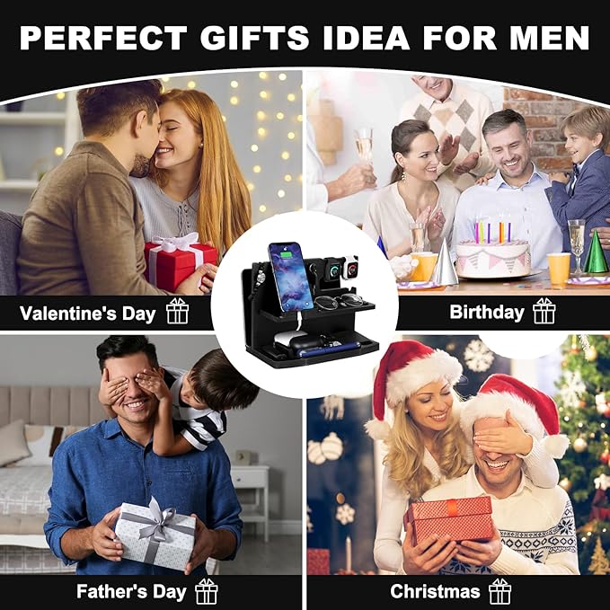 Gifts for Men Desk or Nightstand Organizer - Wood Phone Docking Station - Birthday Gifts for Husband Fathers Day for Dad - Anniversary Idea from Wife - Key Holder Stand Wallet Watch &amp Essential
