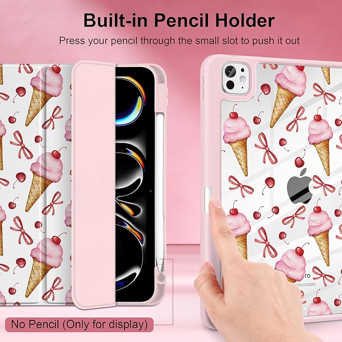 TWOLSKOO Case for iPad Pro 11-inch (M5 2025 / M4 2024) Clear Acrylic Back with TPU Bumper Pencil Holder Trifold Stand Auto Sleep/Wake Ice Cream &amp Bows