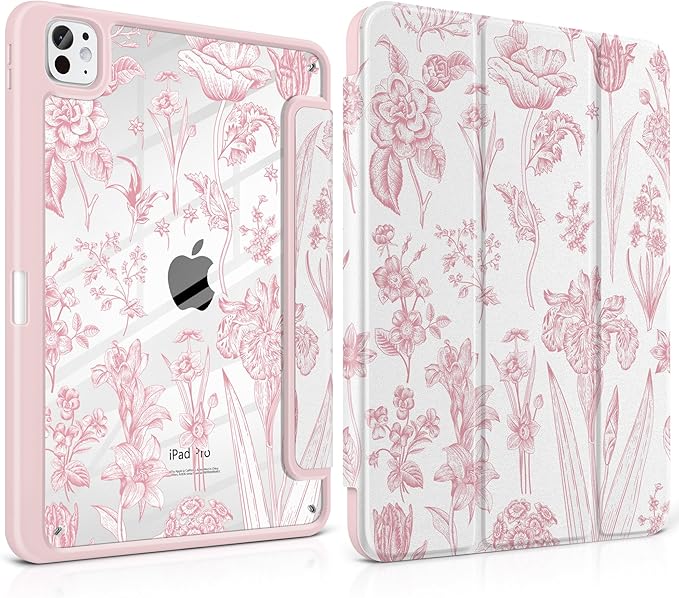 DONGKE for iPad Pro 11-Inch Case (M5 2025 / M4 2024) 6th/5th Generation [Auto Sleep/Wake &amp Pencil Pro Holder] Clear Acrylic Back Smart Trifold Stand Cover Pink Florals