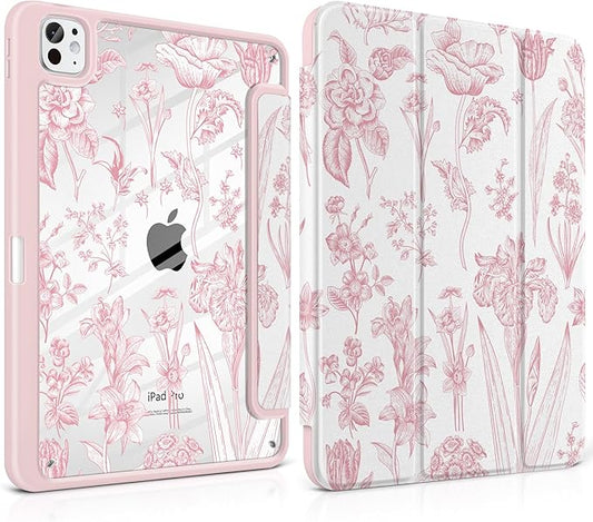 DONGKE for iPad Pro 11-Inch Case (M5 2025 / M4 2024) 6th/5th Generation [Auto Sleep/Wake &amp Pencil Pro Holder] Clear Acrylic Back Smart Trifold Stand Cover Pink Florals