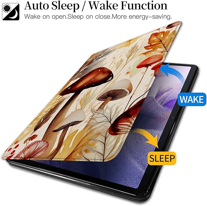 Watercolor Mushrooms Pattern Case for Samsung Galaxy Tab S8 Plus 2022/S7 FE 2021/S7 Plus 2020 12.4 InchBFDHGQZC 360 Degree Rotating Stand Protective Cover with Auto Sleep/Wake