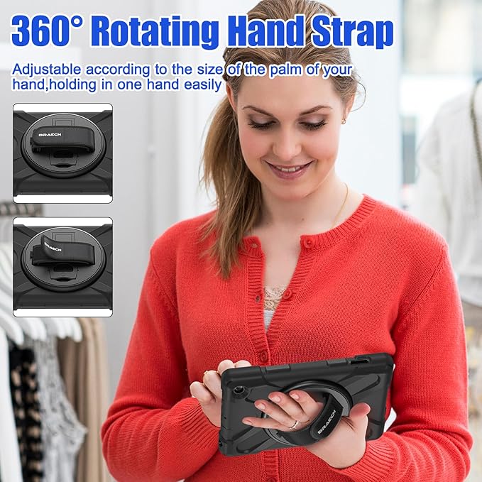 BRAECNstock for Amazon Fire 7 Tablet Case (12th Generation 2022 Release) 7 Shockproof Protective Kids Case with [Rotating Hand Strap] &amp Stand Pen Holder Shoulder Strap Black