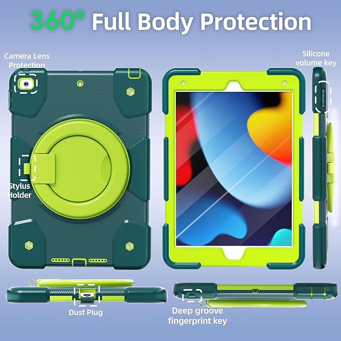 Case for iPad 9th/8th/7th Generation 10.2 inch Shockproof Cover with Screen Protector/360° Rotate Stand/Pencil Holder/Shoulder Strap Kids Case for iPad 2021/2020/2019 (Dark Green+Green)