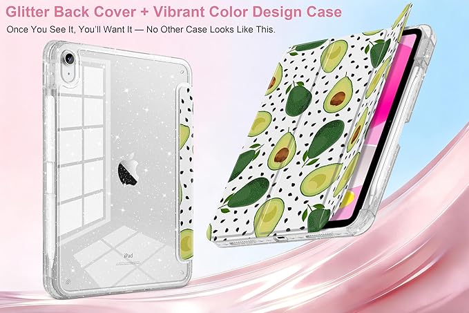 MEEgoodo Case for iPad A16 11th Generation 2025/10th Generation 2022 Glitter Tablet Cases with Transparent Acrylic Back+Trifold Stand +Pencil Holder+Auto Wake/SleepAvocado