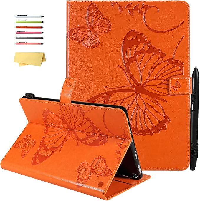 for Kindle Fire HD 10 &amp HD 10 Plus Case 13th/11th Generation 10.1 (2023/2021) Stand Embossed PU Leather Magnetic Wallet Cover with Pencil Holder/Pockets [Auto Wake/Sleep] Orange Butterfly