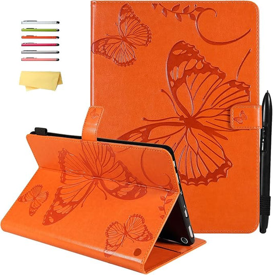 for Kindle Fire HD 10 &amp HD 10 Plus Case 13th/11th Generation 10.1 (2023/2021) Stand Embossed PU Leather Magnetic Wallet Cover with Pencil Holder/Pockets [Auto Wake/Sleep] Orange Butterfly
