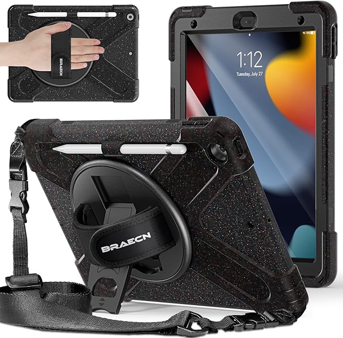 BRAECNstock Case for Apple iPad 9th/ 8th/ 7th Generation 10.2 inch 2021/2020/2019 Shockproof Protective Kids Case with Screen Protector Pen Holder Rotating Stand+Hand Strap Carnival Night Black